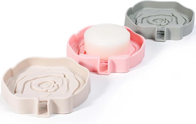 3PC Self-Draining Silicone Soap Dish, Soap Holder/Tray/Saver for Shower, Bathroom, Kitchen, Bathtub, Keep Soap Dry and Easy to Clean (Light Color)