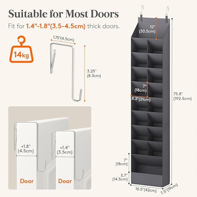 Lifewit 10 Tier Over the Door Shoe Organizer with 19 Large Deep Pockets, Fabric Hanging Shoes Shelf for Closet, Dorm Storage, Fit Up to 20 Pair Shoe Rack Holder for Sneakers, Boots, Gray