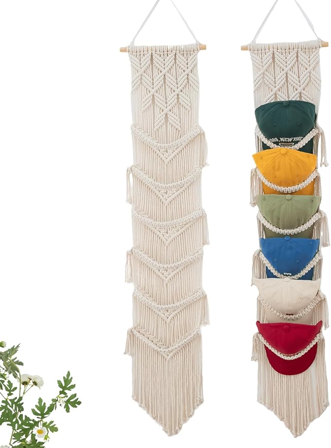 Macrame Cap Holder - Boho Hats Organizer, Six Hat Rack for Wall Mounting Decoration & Collection Display