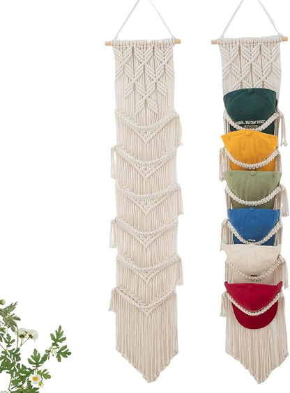 Macrame Cap Holder - Boho Hats Organizer, Six Hat Rack for Wall Mounting Decoration & Collection Display