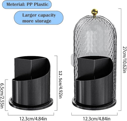 Makeup Brush Holder with Lid, 360 Rotating Multifunction Clear Dustproof Skincare Cosmetic Tools Storage Organizer for Vanity Desktop Bathroom Countertop (Black)