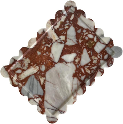 Natural Scalloped Marble Rectangular Tray, 10.8"x8", Decorative for Bathroom, Kitchen, Dresser (Calacatta Red)