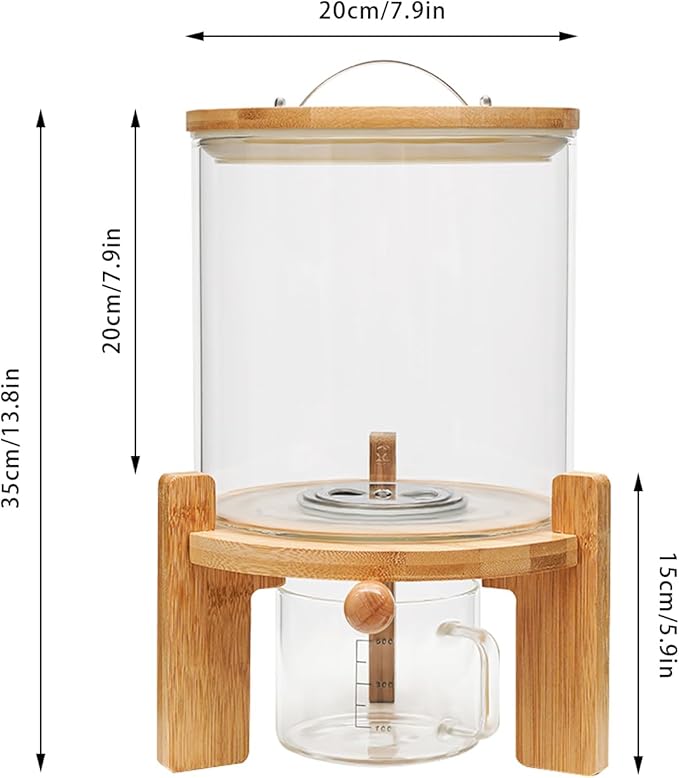 DYNAMI 5L/1.3Gal Glass Rice Dispenser with Airtight Lid,Glass Cereal Dispenser w/Bamboo Stand and Measuring Cup,Bamboo Lid with Thermometer & Silicone Seal Ring,for Kitchen Organization Pantry Store