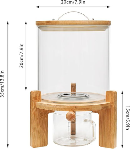 DYNAMI 5L/1.3Gal Glass Rice Dispenser with Airtight Lid,Glass Cereal Dispenser w/Bamboo Stand and Measuring Cup,Bamboo Lid with Thermometer & Silicone Seal Ring,for Kitchen Organization Pantry Store