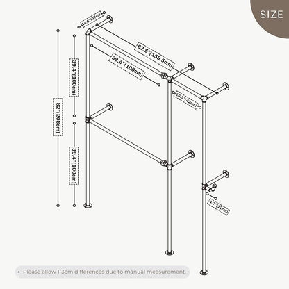 Black Industrial Pipe Clothing Rack 62.5" W Wall Mounted, Heavy Duty Iron Garment Rack 150 lbs per Rod, Open Closet Organizer for Bedroom Laundry Room Retail Display