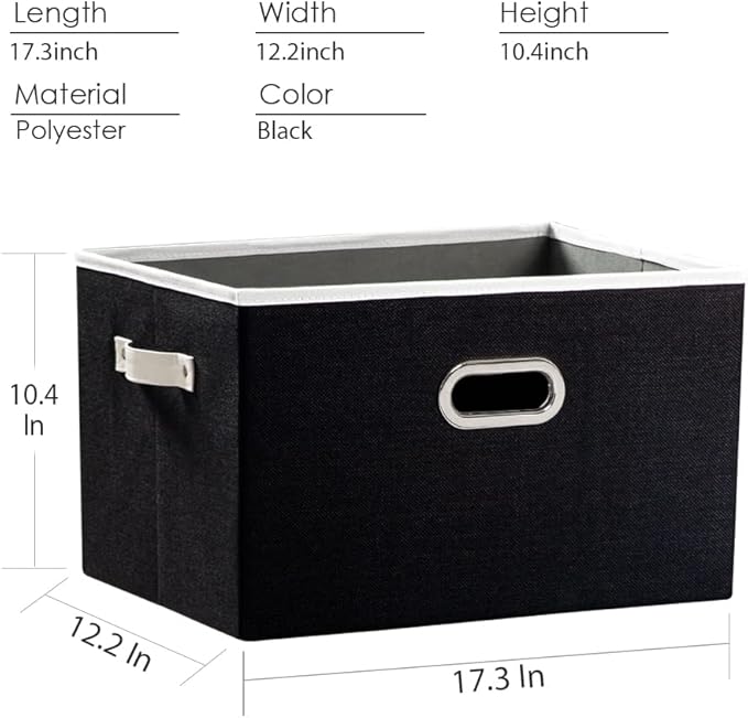 PRANDOM Larger Collapsible Storage Bins for Closet [3-pack] Decorative Linen Fabric Storage Baskets Cubes with Leather/Metal Handles for Living Room Black (17.3x12.2x10.4 Inch)