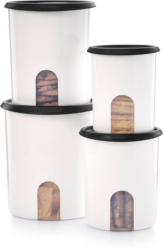 Tupperware One Touch Reminder Canisters 4 Canister Food Storage Set in White & Black, Dishwasher Safe and BPA Free, (4 Containers, 4 Lids)