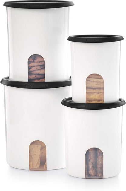 Tupperware One Touch Reminder Canisters 4 Canister Food Storage Set in White & Black, Dishwasher Safe and BPA Free, (4 Containers, 4 Lids)