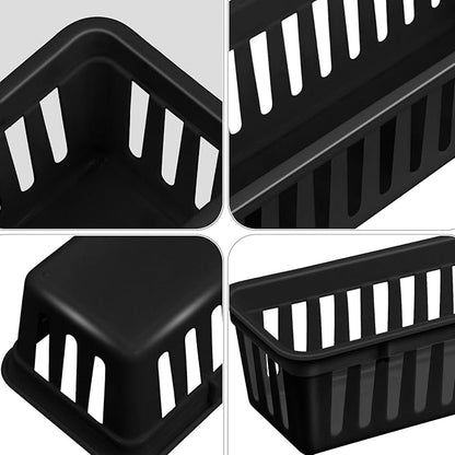 Domensi 24 Pack Slim Plastic Storage Baskets Tray for Organizing 10.25x3.25x2.5 Inch Small Narrow Storage Bins Stackable Drawer Pencil Trays Holder for Desk Garage Cabinet Container (Black)