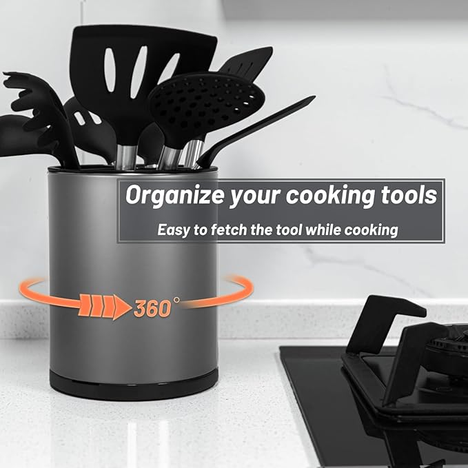 Kitchen Utensil Holder for Countertop 360° Rotating Utensil Caddy Extra Large Utensil Crock Cooking Utensil Holder for Kitchen Counter (Dark Grey)
