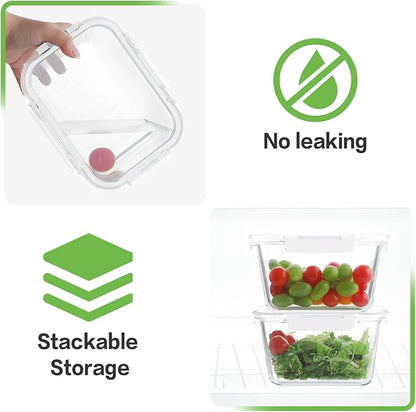 HOMBERKING 4 Pieces 63oz/8cup Large Glass Food Storage Containers with Lids, Meal Prep Containers, Airtight Bento Boxes with Leak Proof Locking (2 Containers 2 Lids), Microwave,Oven,Fridge Safe-White