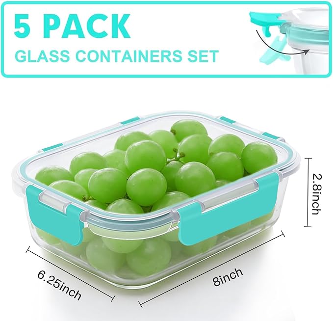 VERONES 5 Pack 36 OZ Glass Meal Prep Containers, Airtight Glass Lunch Containers Set, Glass Food Storage Containers with Lids,Exclusive of BPA, for Microwave, Oven, Freezer & Dishwasher Friendly,Green
