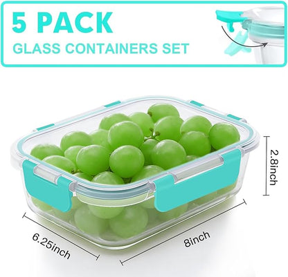 VERONES 5 Pack 36 OZ Glass Meal Prep Containers, Airtight Glass Lunch Containers Set, Glass Food Storage Containers with Lids,Exclusive of BPA, for Microwave, Oven, Freezer & Dishwasher Friendly,Green