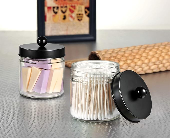 SheeChung Bathroom Organizers and Storage - 2Pack Qtip Holders Bathroom Canister Apothecary Jars for Cotton Swabs, Rounds, Balls, Qtips,Makeup Sponges, Flossers,Bath Salts - Black