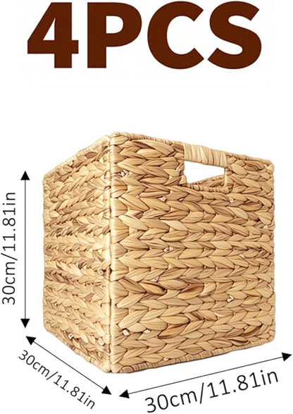 12x12in Storage Baskets,Set of 4 Water Hyacinth Baskets,Wicker Cube Baskets Laundry Organizer,Foldable Handwoven Storage Cubes,for Cube Shelf,Collapsible Laundry Baskets Pantry,Living Room,Bedroom