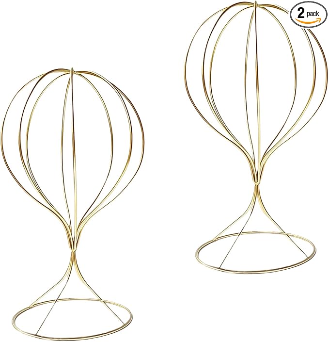 Mydio 2 Pieces Modern Metal Hat Stands Durable Stable Metal Hat Cap Rack Wigs Holder, Metal (Gold)
