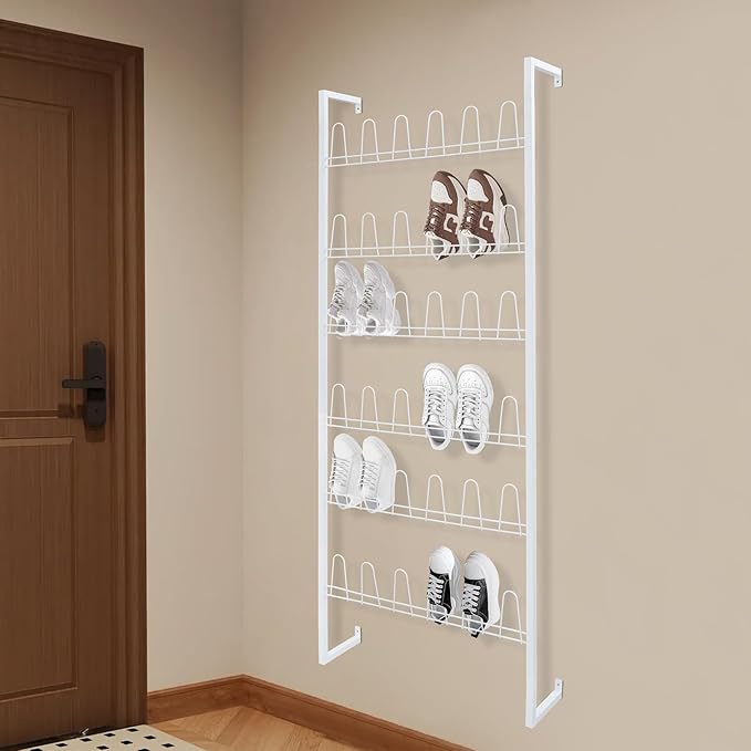 6 Tiers Metal Hanging Shoe Rack for 18 Pairs, Space-Saving Shoe Storage Shelf, Wall Mounted Shoe Organizer Tower for Entryway, Home, Retail Stores (White)