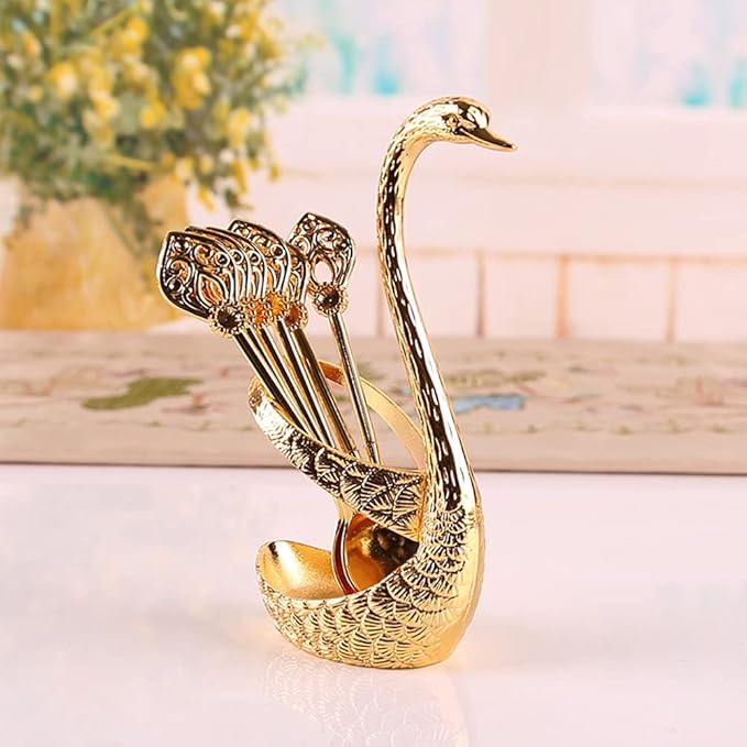 Coffee Spoon Set With Holder, Swan Spoon & Fork Holder, Elegant and Charming Decorative Spoons Organizer Serving Kit, Durable Spoons Coffee Station Storage Organizer(COLOR:Gold)