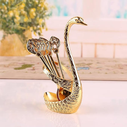 Coffee Spoon Set With Holder, Swan Spoon & Fork Holder, Elegant and Charming Decorative Spoons Organizer Serving Kit, Durable Spoons Coffee Station Storage Organizer(COLOR:Gold)