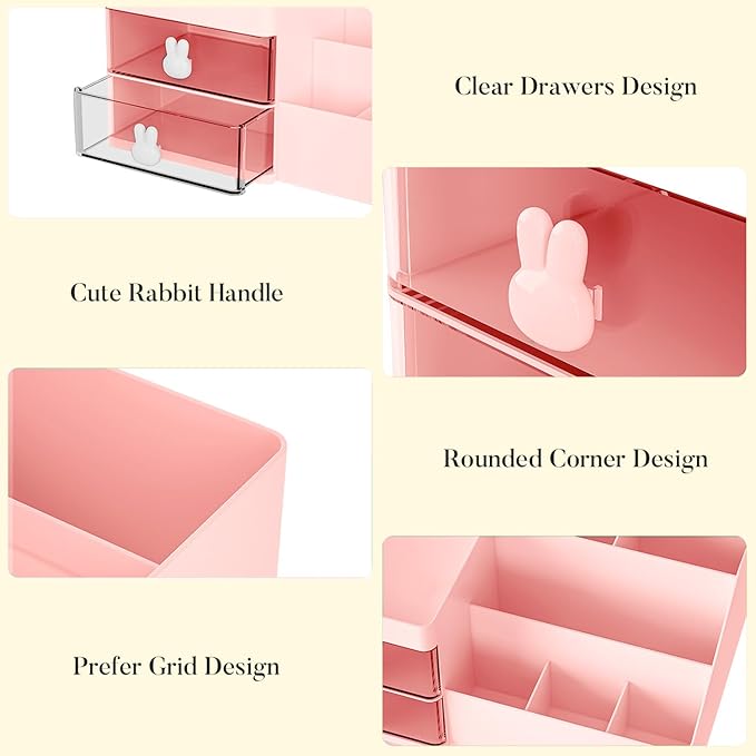 Makeup Organizer, Cosmetic Desk Storage Box with Drawers Skincare Organizers for Dressing Table, Countertop, Bathroom Counter, Vanity Holder for Brushes, Lotions, Lipstick, Perfume (Pink-Clear)