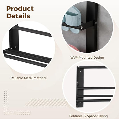 2 Pcs Wall Mounted Expandable Hanging Shoe Rack 14.6-26.4 in, Foldable Metal Space Saving Organizer with Nail-Free Stickers, No-Drill Installation, Black