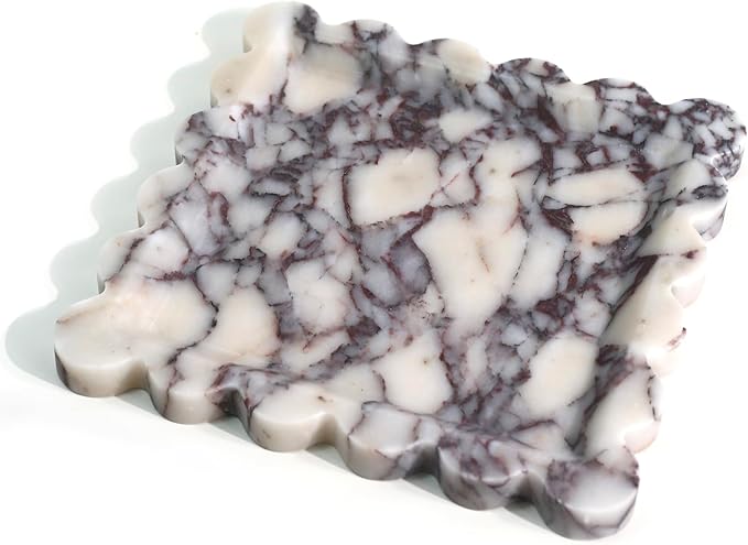 Natural 100% Marble Vanity Tray Luxury Scalloped Marble Storage Square Rectangle Tray for Home Decor Stone Tray for Bathroom Kitchen Candle Key (Square-9.8 * 9.8-Calacatta Viola)