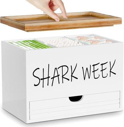 Tampon Holder for Bathroom, Feminine Product Organizer with Lid and Drawer, Wood Shark Week Tampon Storage, Lady Stuff Box for Bathroom Accessories and Toilet Organizer