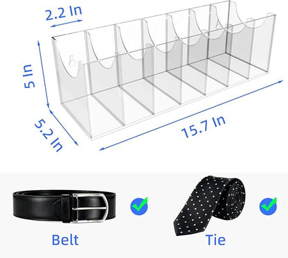 Acrylic Belt Organizer Box with 7 Compartments, Wall-Mount or Desktop Belt Storage for Men & Women, Holds Large Buckle Belts, Transparent Belt Holder for Closet Drawer Dresser (7 Compartments)