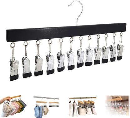 Closet Organizer with 10 Clips, Space Saving Hanging Closet Organizer, Legging Hanger for Closet Organizer with 10 Clip for Storing Jeans, Legging, Shorts (Black-12 Clips, 1PC)