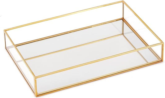 Gold Mirror Decorative Tray Jewelry Perfume Organizer Vanity Tray, Dresser Tray, Bathroom Bedroom Cosmetics Storage, Metal and Glass, Rectangular, 11.8"x7.9"x2"