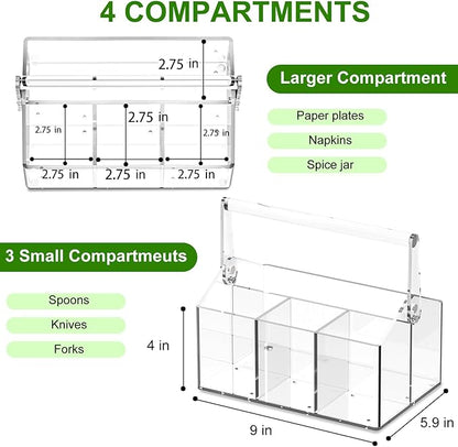 Chivalral Acrylic Utensil Holder & Paper Plate Holders -Clear Space-Saving Cutlery Caddy and Silverware Organizer for Kitchen, Table, Buffet, Party, Picnic, Camping Indoor Outdoor Use