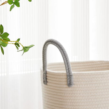 VIPOSCO Large Laundry Hamper, Tall Woven Rope Storage Basket for Blanket, Toys, Dirty Clothes in Living Room, Bathroom, Bedroom - 58L Grey & White