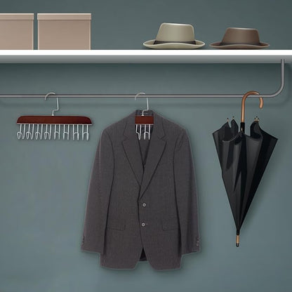 Wooden Belt Holder - Multifunctional Wooden Belt Hanger with 8 Metal Hooks - Wood Tie Scarf Rack Holder Hangers Organizer | for Hanging Belts,Tie,Scarves,neckties, Brown
