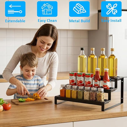 Expandable Spice Rack Organizer for Cabinet, Metal Spice Organizer Adjustable Length, Seasoning & Pantry Organization Shelf 3-Tier, Non-Skid Step Shelf for Kitchen Cabinet, Pantry or Countertop