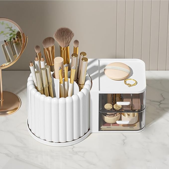 Makeup Organizer Countertop,360 Rotating Makeup Brush Holder with 2 Drawer Organizer, Small Preppy Kids Desk Organizer|9.25x5.11inch|White