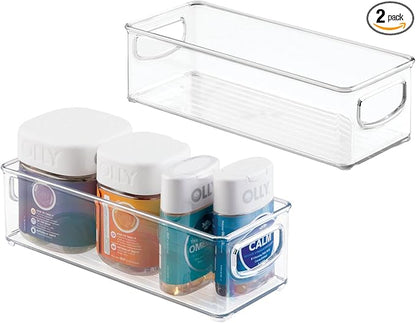 mDesign Plastic Bathroom Storage Container Bins w/ Handles - Closet, Cabinet, Vanity, Cupboard Shelf Organization, Hair Tools Accessory Organizer - Ligne Collection; Clear, 10x4x3 (Pack of 2)