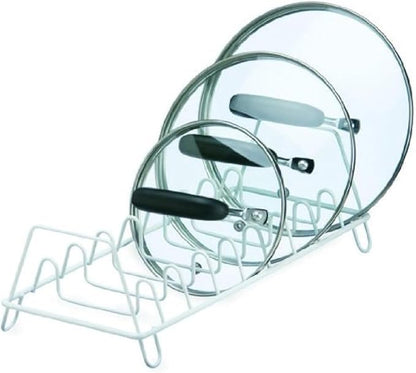 Rocky Mountain Goods Lid Rack for Pots and Pans - Kitchen Lid Rack Organizer - Holds up to 8 Lids - White Rustproof finish - Rubberized grip feet
