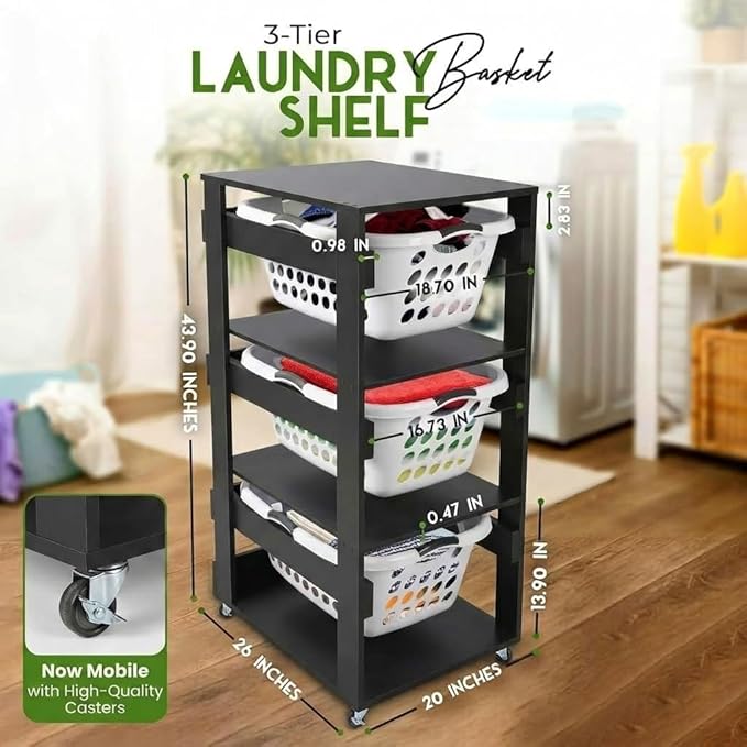 Laundry Basket Holder Shelf – Stackable Engineered Wood Laundry Tower, Tiered Hamper Organizer for Bathroom, Bedroom, Closet (Black, 3 Tier)