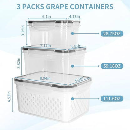 Grape Container for Fridge,3PCS(0.9Qt - 13.5Qt),Leakproof Grape Container with Removable Colander,Dishwasher & microwave safe Produce Containers,Keep Fruits, Vegetables, Meat Fresh Longer