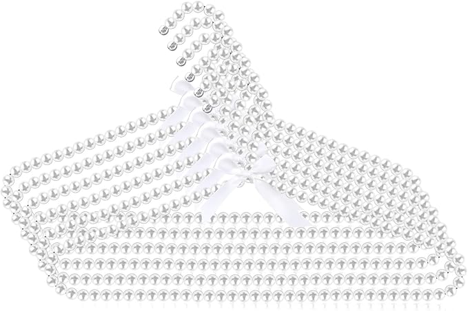 SHENLIU 6 Pack Pearl Clothes Hangers, Elegant Bridesmaid Hangers with White Ribbon Trim Hanger, Closet Coat Storage Organizer Bowknot Standard Wedding Hanger for Wedding Engagement Gowns Suits Shirts