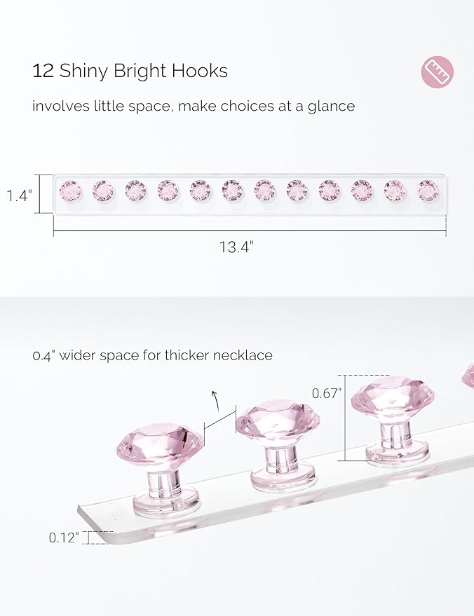 Acrylic Necklaces Holder Wall Mounted Necklace Hangers Hanging Jewelry Organizer with 12 Hooks, Clear Jewelry Hangers for Necklace Organizer for Girls Women, Necklace Hooks for Wall (Pink, 2 Pack)
