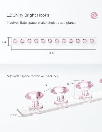 Acrylic Necklaces Holder Wall Mounted Necklace Hangers Hanging Jewelry Organizer with 12 Hooks, Clear Jewelry Hangers for Necklace Organizer for Girls Women, Necklace Hooks for Wall (Pink, 2 Pack)