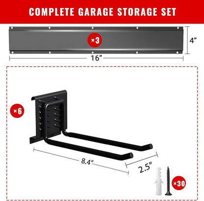 Garage Tool Organizer Wall Mount, Easy to 48inch Install Heavy-Duty Garage Storage System with 6 Adjustable Straight Hooks, Garden Tool Rack for Shovels, Rakes, Yard Tools