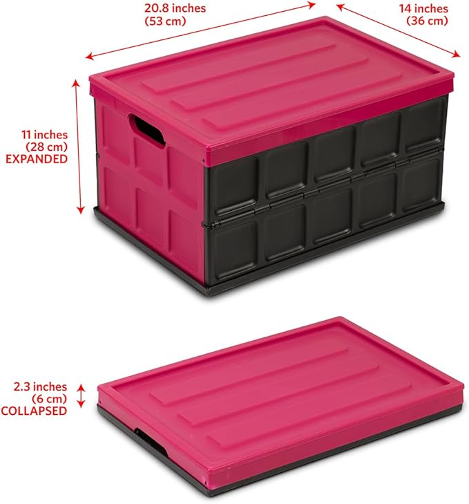 Glad Collapsible Storage Bin with Lid - 48L Foldable Plastic Box for Garage, Car Trunk, and Organization - Stackable Lidded Container with Handles, Purple
