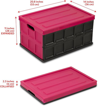 Glad Collapsible Storage Bin with Lid - 48L Foldable Plastic Box for Garage, Car Trunk, and Organization - Stackable Lidded Container with Handles, Purple