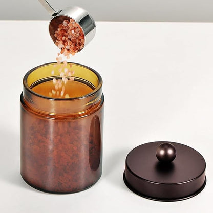 Amber Glass Qtip Holder, Apothecary Jars with brown Metal Lid & Stickers-Bathroom Qtip Dispenser Storage Organizer Set,Vanity Counter Canister for Cotton Swabs,Round Pads,Floss (3 Pack,bronze)
