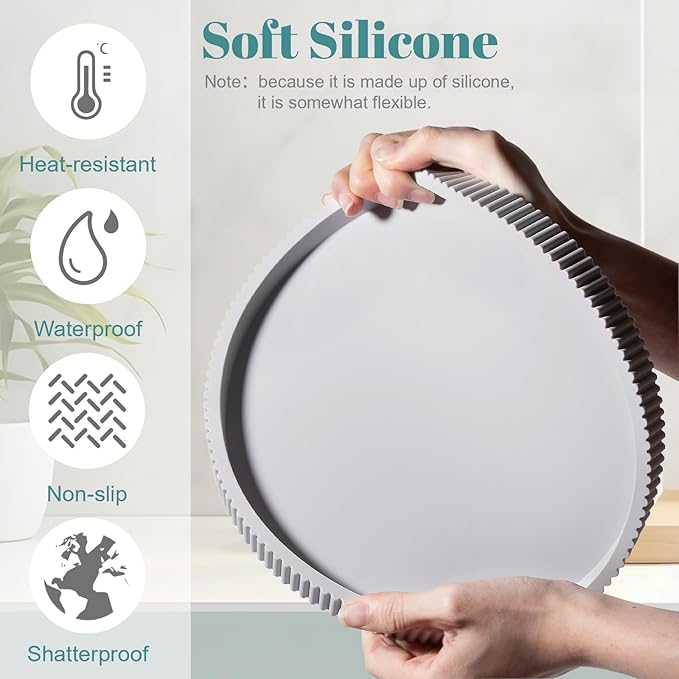 Silicone Bathroom Tray Round Kitchen Counter Organizer Decorative Vanity Accessories Coffee Table Decor for Perfume, Candle, Soap Dish, 9 Inch, Light Grey
