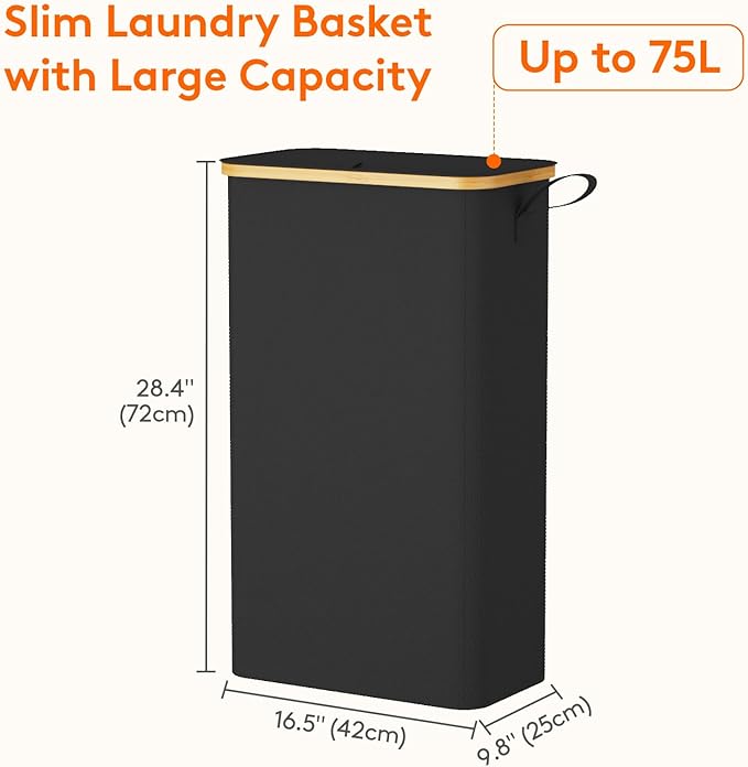 Lifewit 75L Slim Laundry Hamper with Lid, Narrow Laundry Basket with Removable Bag & Bamboo Handles, Fodable Thin Dirty Clothes Hamper for Laundry Collapsible Bin for Bathroom Bedroom Dorm, Black