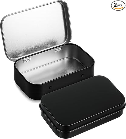 2 Pack Metal Rectangular Empty Tin Box, Hinged Tins Tin Containers with Lid Mini Portable Small Storage Container Kit for Home Storage 3.74x2.36x0.82 Inch(Black)