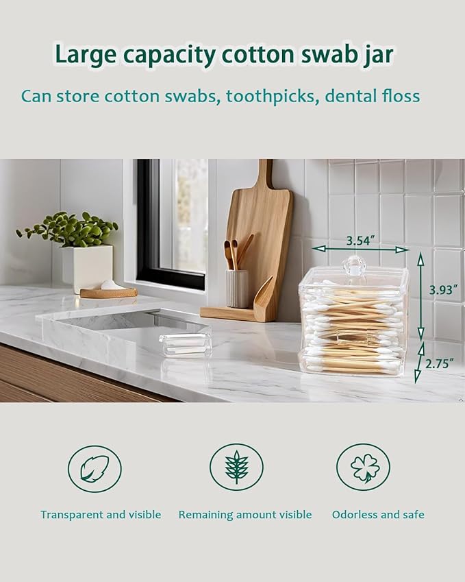 Cotton Swab Holder with Lid - Clear Plastic Bathroom Vanity Organizer, Shatterproof U-Slot Cotton Swab Dispenser Canister, Dustproof Countertop Container for Cotton Swabs & Apothecary Storage
